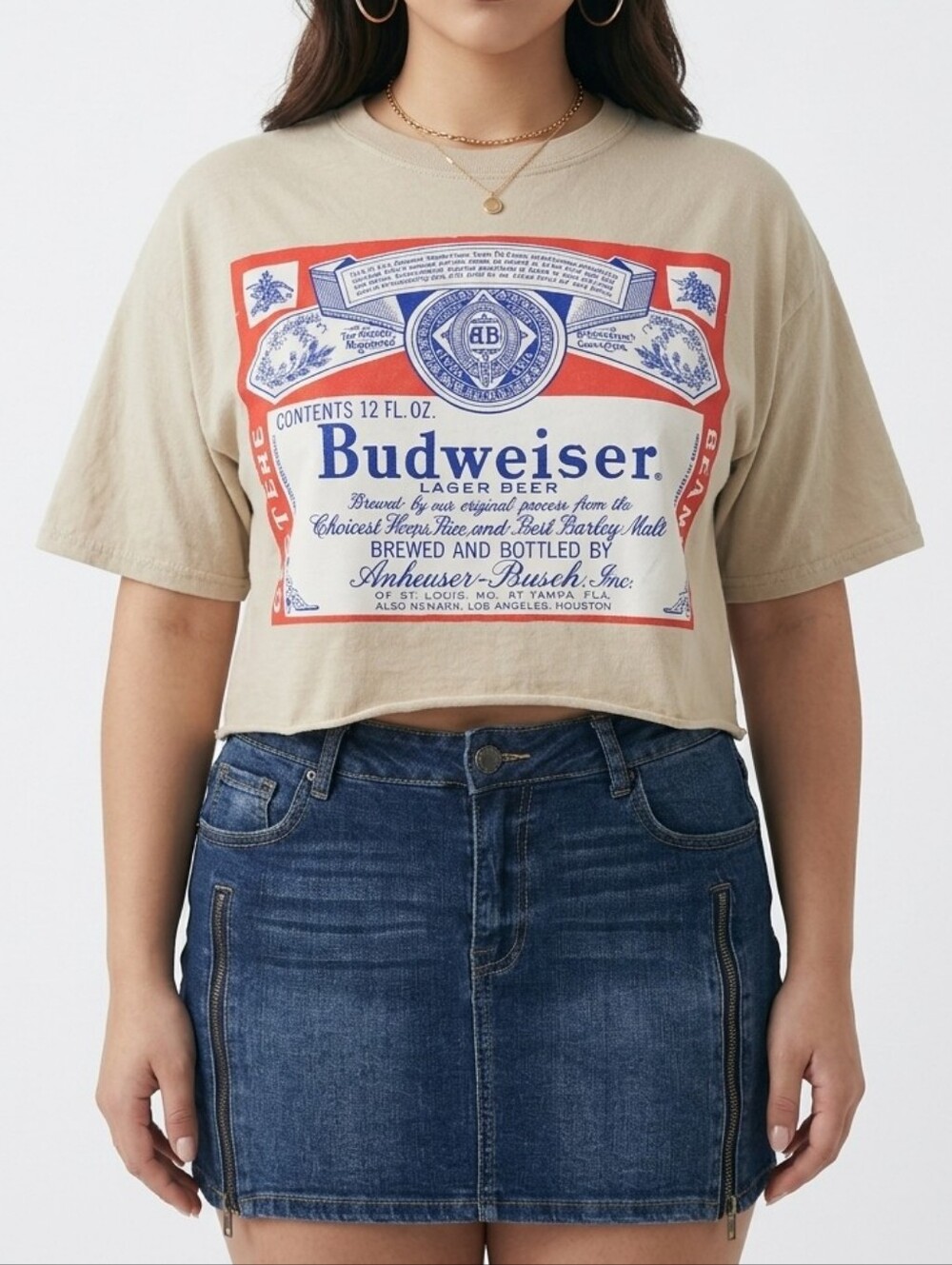 Brew City Short Sleeve Crew Neck Budweiser Cropped Tee Size XL